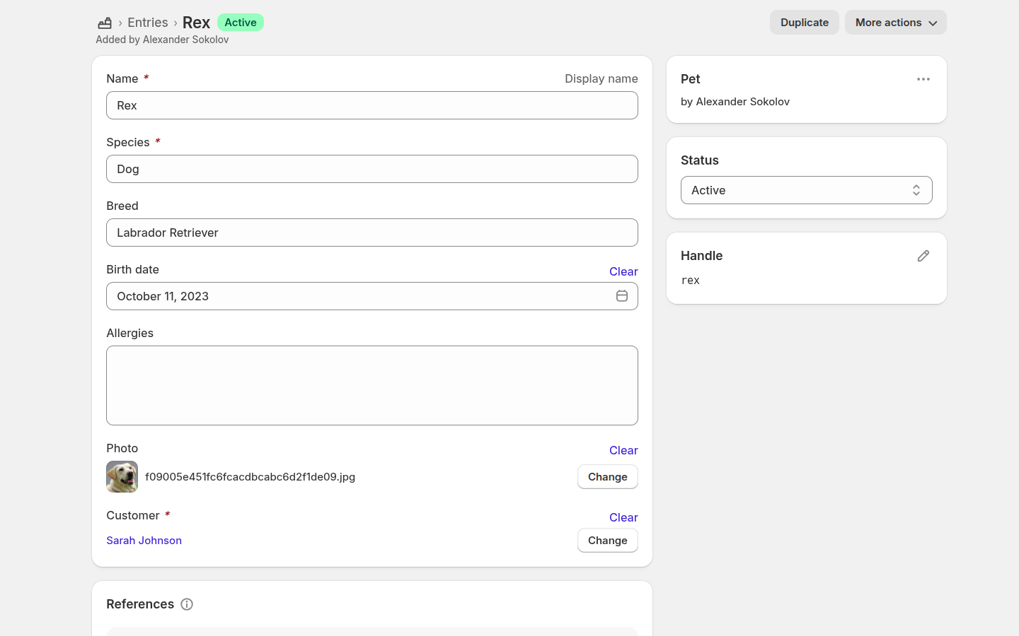 App dashboard in Shopify, showing pet profiles of a pet store's customers